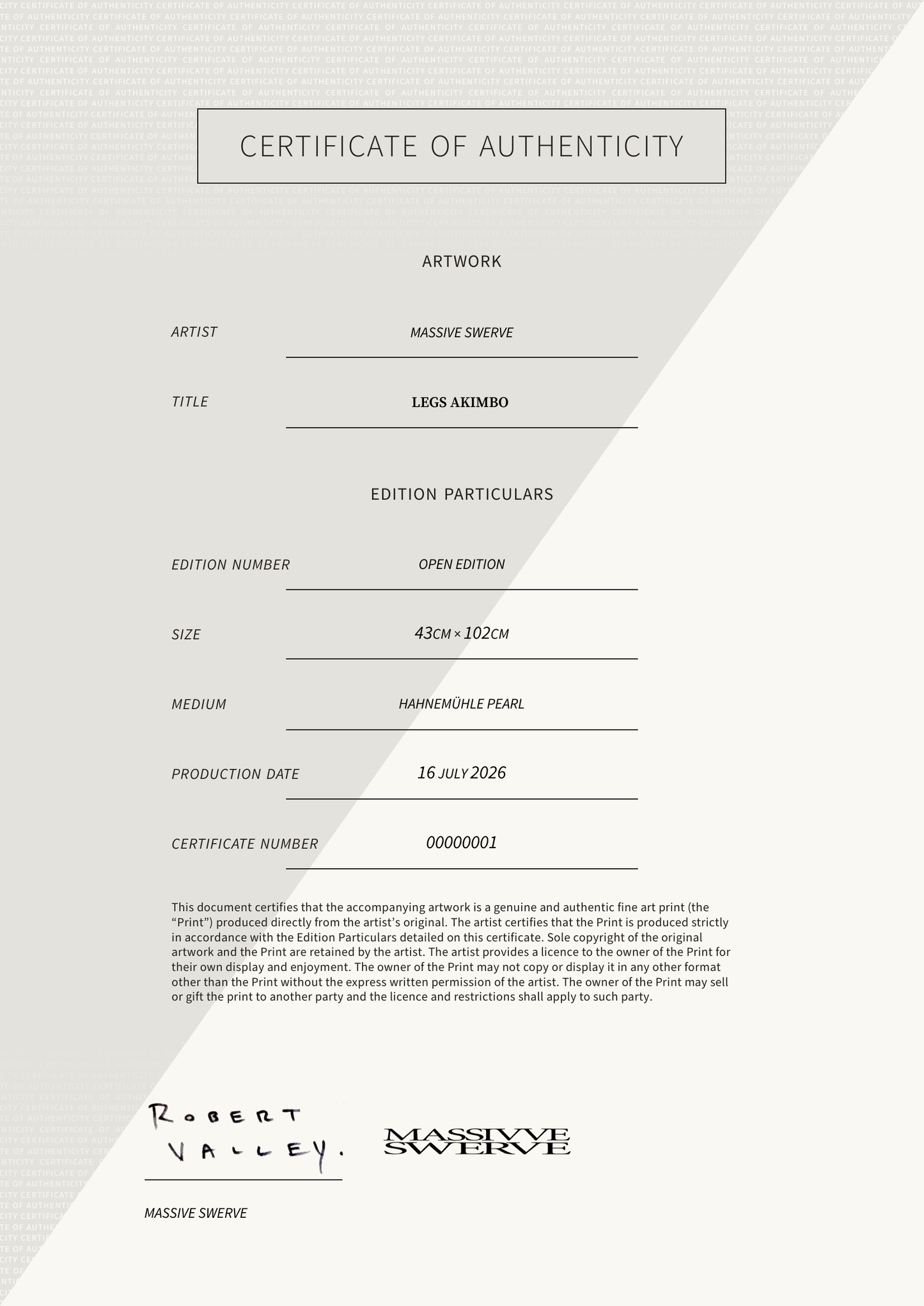 LEGS AKIMBO  — Certificate of Authenticity