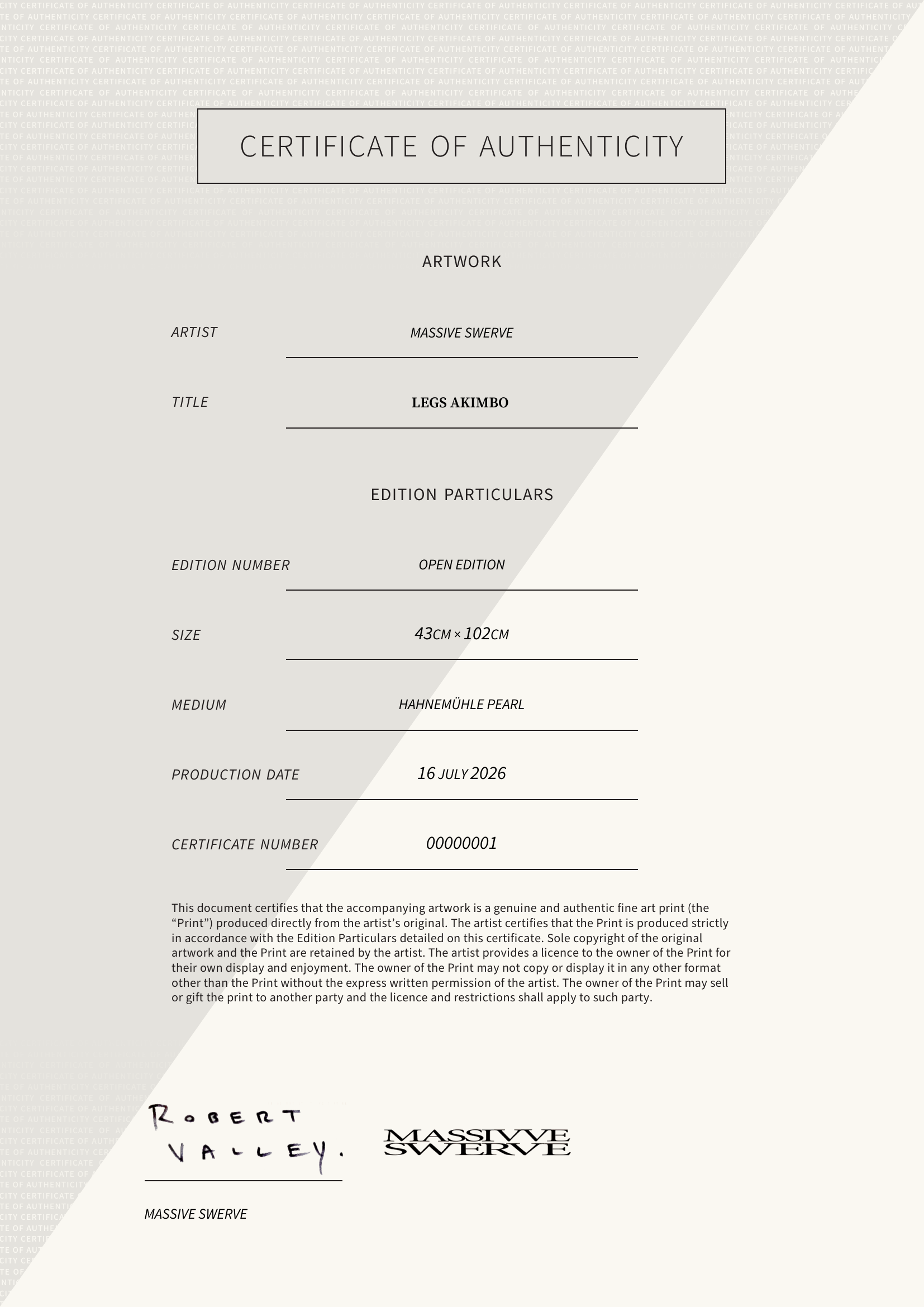LEGS AKIMBO  — Certificate of Authenticity